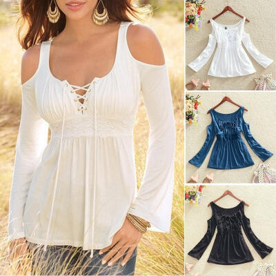 

2017 Fashion Womens Long Sleeve Off Shoulder V-neck Lace Up Neck T-Shirt Casual Lace Slim Tops Blouse