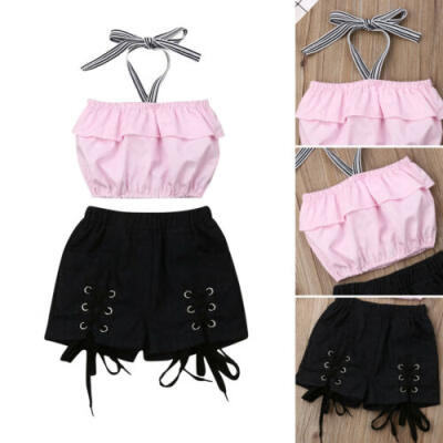 

2PCS Fashion Toddler Kids Baby Girl Off Shoulder TopsDenim Shorts Pants Outfits