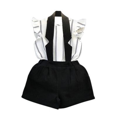 

2018 Summer Fashion Girls Clothes Set Casual White Black Striped T-shirt Tops Halter Bib Shorts Clothing Suit