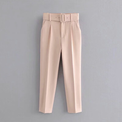 

Women Casual Pants Belt High Waist Solid Color Pocket Loose Work Office Trousers