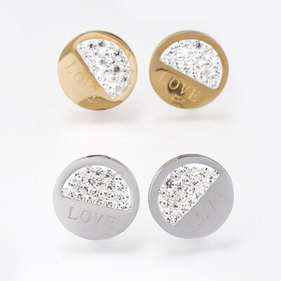 

304 Stainless Steel Stud Earrings with Polymer Clay Rhinestone Flat Round with Word Love Mixed Color 16x3mm Pin 08mm