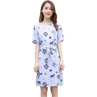 

Floral Print Dress Women O-neck Bowknot Belt Short Sleeve A-line Dresses