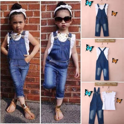 

Vest Jeans Girl Summer Clothes Set Dungarees Vest Tops White Overalls Denim Sleeveless Outfits Children Clothes Fall