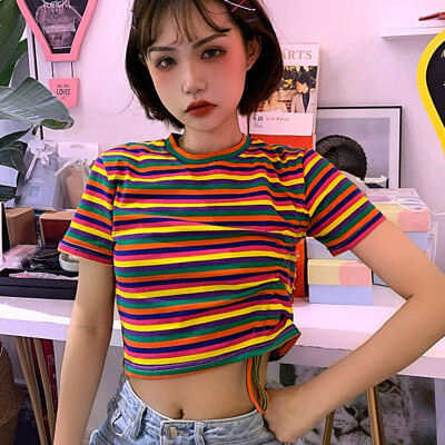 

T Shirt Women Rainbow Striped Tops Harajuku Tshirt Summer Short Sleeve Drawstring O Neck Korean Punk T-shirt