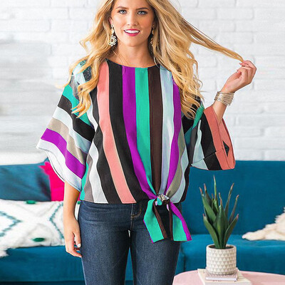 

Nomeni Women Bell Sleeve Striped Tie Knot Blouse Printing Casual T Shirts Tops