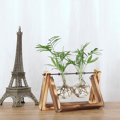 

Siaonvr Creative Hydroponic Plant Transparent Vase Wooden Frame Coffee Shop Room Decr