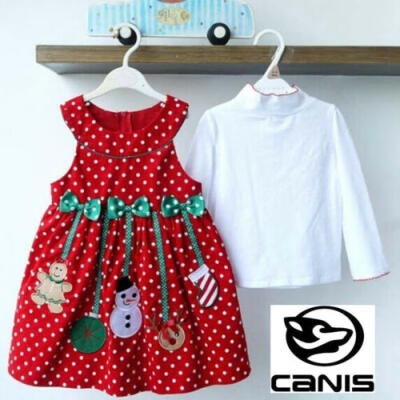 

New Christmas Kids Girls Outfits 2pcs Polka-dot DressLong Sleeve Tops Set 2-7Y