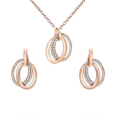 

Double Rings Metal Rhinestone Pendant Necklace Earrings Sets Women Wedding Crystal Decor Jewelry