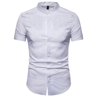 

Tailored Men Hipster Casual Slim Fit Short Sleeve Button Down Shirts Tops with Embroidery