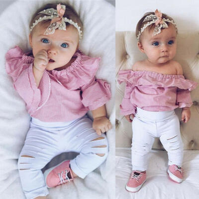

Newborn Infant Kid Baby Girl Top Romper Bodysuit Ripped Pants Outfit Clothes Set