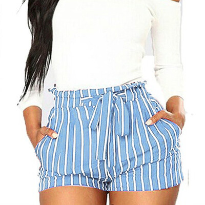 

Tailored Women Stripe Printing Pocket High Waist Bandage Easy Elastic Casual Short Pants