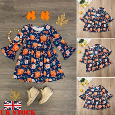 

Kids Baby Girls Party Haloween Pumpkin Dress Long Sleeve Princess Skater Dresses