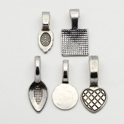 

PH PANDAHALL 5Sets Alloy Antique Silver Leaf Heart Round Square Glue-on Flat Pad Bails Pad Pendant