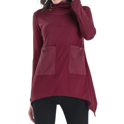 

Tailored Women Slim Solid Turtleneck Scarf Collar Asymmetric Sleeves Skew Hem Tops Blouse