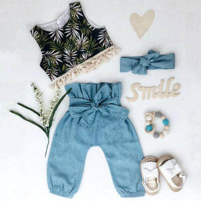 

USA 3PCS Toddler Baby Girl Kids Clothes Outfits T-shirt TopsBow Loose Pants Set
