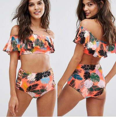

Roseonmyhand Women Sexy Bikini Swimwear Ruffle Printed Bottom Set Beachwear Bathing Suit