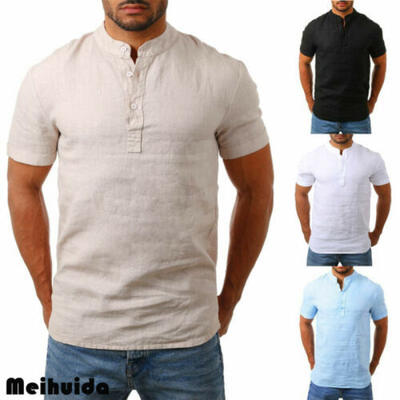 

Mens T-Shirt Flax Linen Casual V-Neck Fit Short Sleeve Shirt Top Tee Breathable