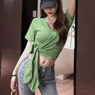 

Women Short Sleeve T-shirt Sexy Backless Summer Crop Tops Fashion V-Neck Lace Up T Shirt