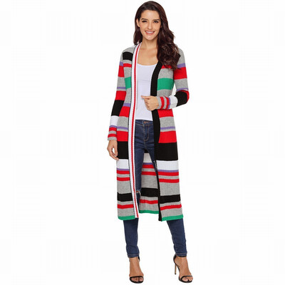 

Multicolor Stripe Color Long Sleeve Sweater Cardigan Long Loose Knit Sweater