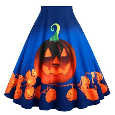 

Roseonmyhand Women Halloween Plus Size Pumpkin Print Halloween High Waist Pleated Skirt Dress