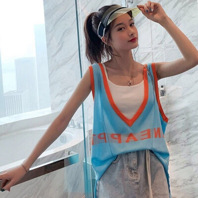 

Women Summer Sexy V Neck Sweet Caism Top Sleeveless Slim Letter Print Hollow Knit Short Vest Casual Loose Fashion Tank Top