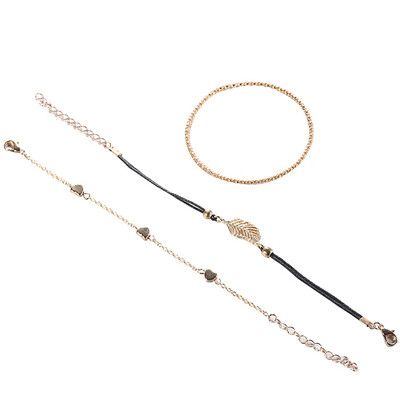 

Heart Leaf Pendant Multilayer Gold Chain Bracelet Women Bangles 3PCSSet Jewelry