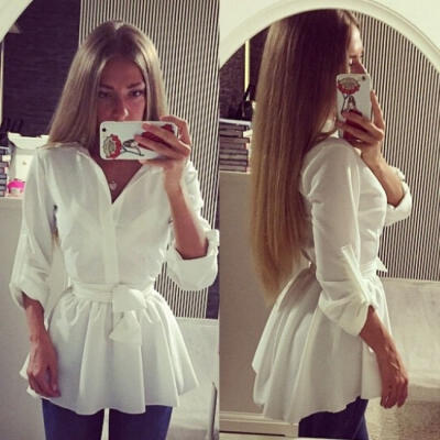 

Fashion Women Long Sleeve Button Down Shirt Blouse Top Casual Dress with Belt