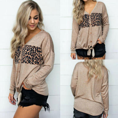 

Womens Long Sleeve Leopard Print T-Shirt Ladies Casual Knot Pullover Tops Blouse