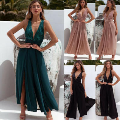 

Women Summer Chiffon V Neck Jumpsuit Long Wide Pant Playsuit Sequin Dresses