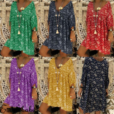 

Plus Size Women Retro Boho Long SLeeve Mini Dress Summer Beach Casual Tops Shirt