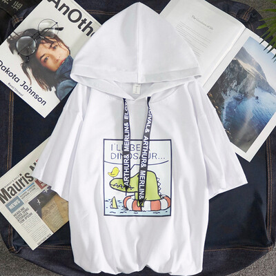 

Loose Tops Casual Preppy Style Hooded Collar Short-sleeved Cartoon Pattern Print BlackWhite 2 Color Regular Length Womens Tees