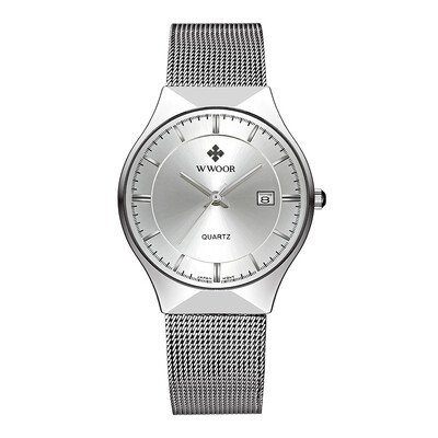 

WWOOR 2016 Ultra Thin Dial Fashion Mesh Stainless Steel Watches Calendar Quartz Analog Men Casual Wristwatch 30M Water-Proof Wat