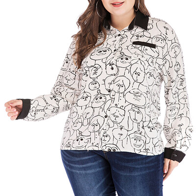 

Gobestart Womens Plus Size Casual Print T-shirt Long Sleeve Turn-down Collar Top Blouse