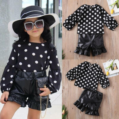 

Infant Kids Baby Girl Polka Dot Tops Leather Shorts Ruffle Pants Outfits Set USA