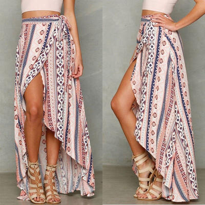 

Women Boho Chiffon High Waist Summer Beach Long Maxi Dress Floral Split Skirt