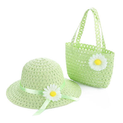 

2pcs Summer Sun Hat Girls Kids Straw Cap Beach Hats Tote Bag Flower Decor