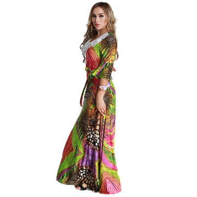 

Women Plus Size Muslim Dress Colorful Crochet Lace V Neck High Waist Tied Belt Long Gown Islamic Robe