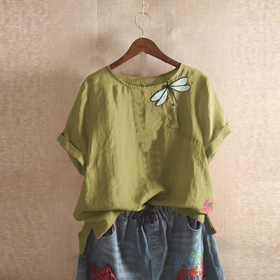 

Roseonmyhand Plus Size Women Short Sleeve Cotton Linen O-Neck Print Blouse Top T-Shirt