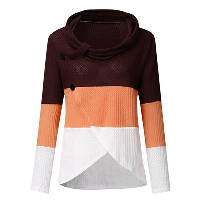 

Tailored Womens Color Block Cowl Neck Button Chunky Knit Irregular Hem Jumper Pullover