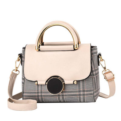 

Women Fashion Plaid Pattern Twist Lock Faux Leather Tote Crossbody Shoulder Bag