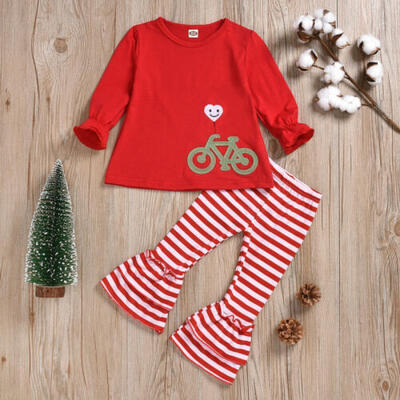 

USA Christmas Kids Baby Girls Outfits Clothes T-shirt TopStriped Pants Leggings