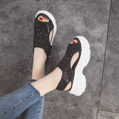 

Thick-soled high-heeled sports platform shoes womens high-heeled sandals rhinestones Joker slope fairy summer