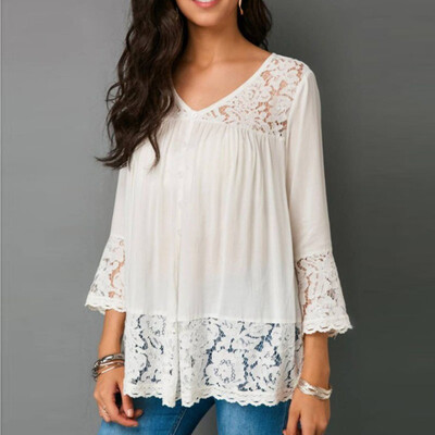 

Women Summer Solid Color Lace Stitching Shirt V-Neck Seven-Quarter Sleeve Sexy Cute Casual Tops