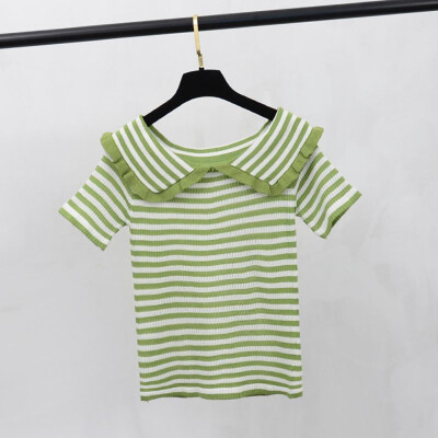 

Summer Autumn Woman T-Shirt Slim Slash Neck Ice Silk Short-Sleeved Knit Versatile Tops Tops Striped Print T-Shirt