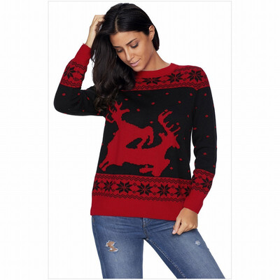 

Two-tone stitching round neck long sleeve snow pattern knit sweater