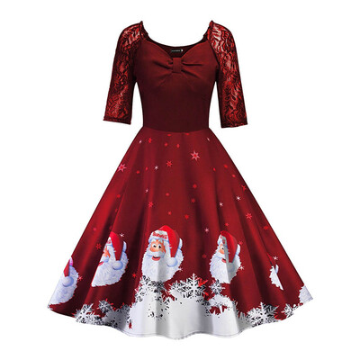 

Fashion Casual Christmas Santa Print Lace Stitching Dress Half Sleeve V-Neck Big Swing Party Dress