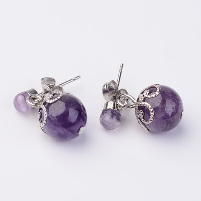 

Dangling Natural Amethyst Ear Studs with Metal Findings Platinum 20mm Pin 07mm