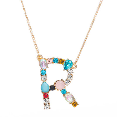 

A-Z Capital Letter Pendant Colorful Rhinestone Inlaid Women Necklace Jewelry