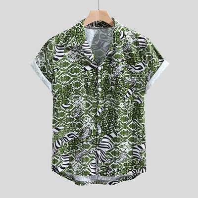 

Toponeto Mens Printed Loose Patchwork Chest Pocket Turn Down Collar Short Sleeve Shirts