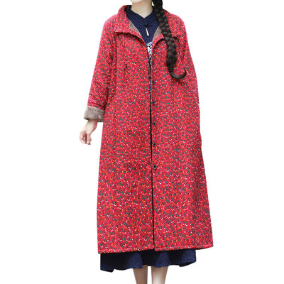

Toponeto Women Winter Warm Flora Print Cotton Linen Coat Warm Long Jacket Overcoat